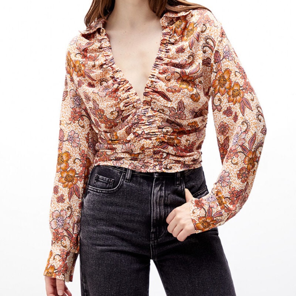 Free People Women’s I got you Printed Top Blouse Sz L Floral Long Sleeve